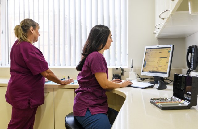 Dr Maria Rodrigues and assistant working at the Dental Implant Clinic